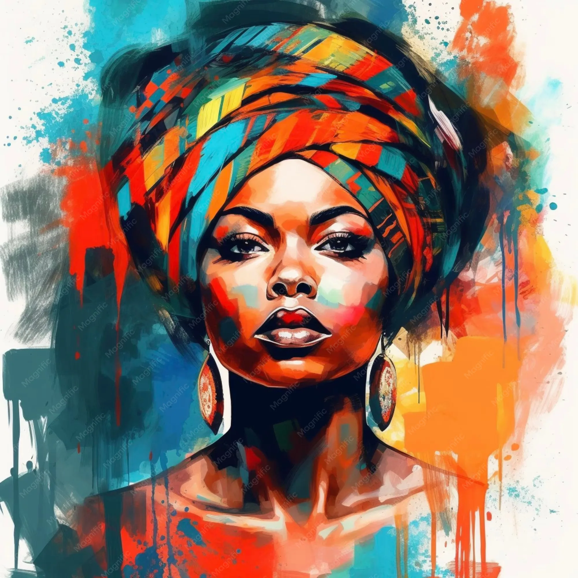 Expressive painting of a woman in a striped teal and orange headwrap, paint drips running down the right edge while a dark teal block anchors the left.