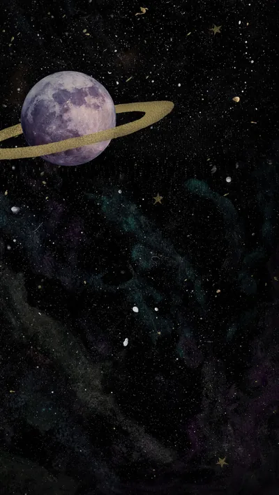 A ringed planet painted in soft violet sits upper left, the rest of the tall frame filled with hand-speckled stars and dim green cloud.