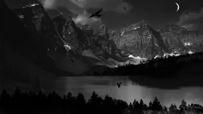 Moonlit Mountain Lake in Black and White HD Wallpaper