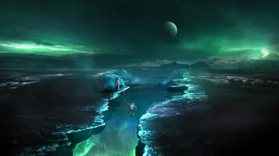 Green Aurora Over a Frozen Sea HD Wallpaper