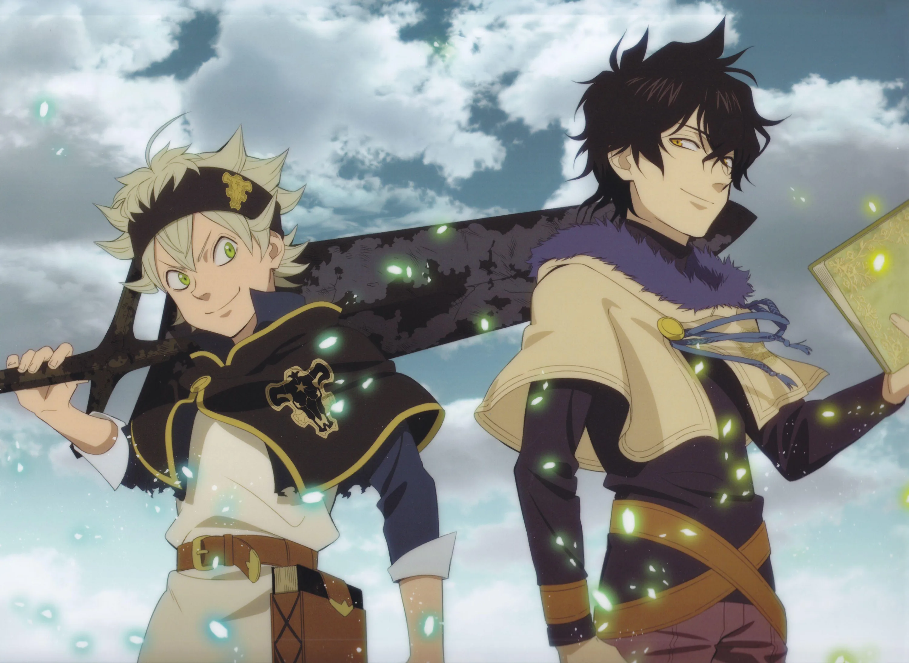 Asta and Yuno stand back to back under a bright cloudy sky, one shouldering his broad black sword and the other holding a grimoire amid green sparks.