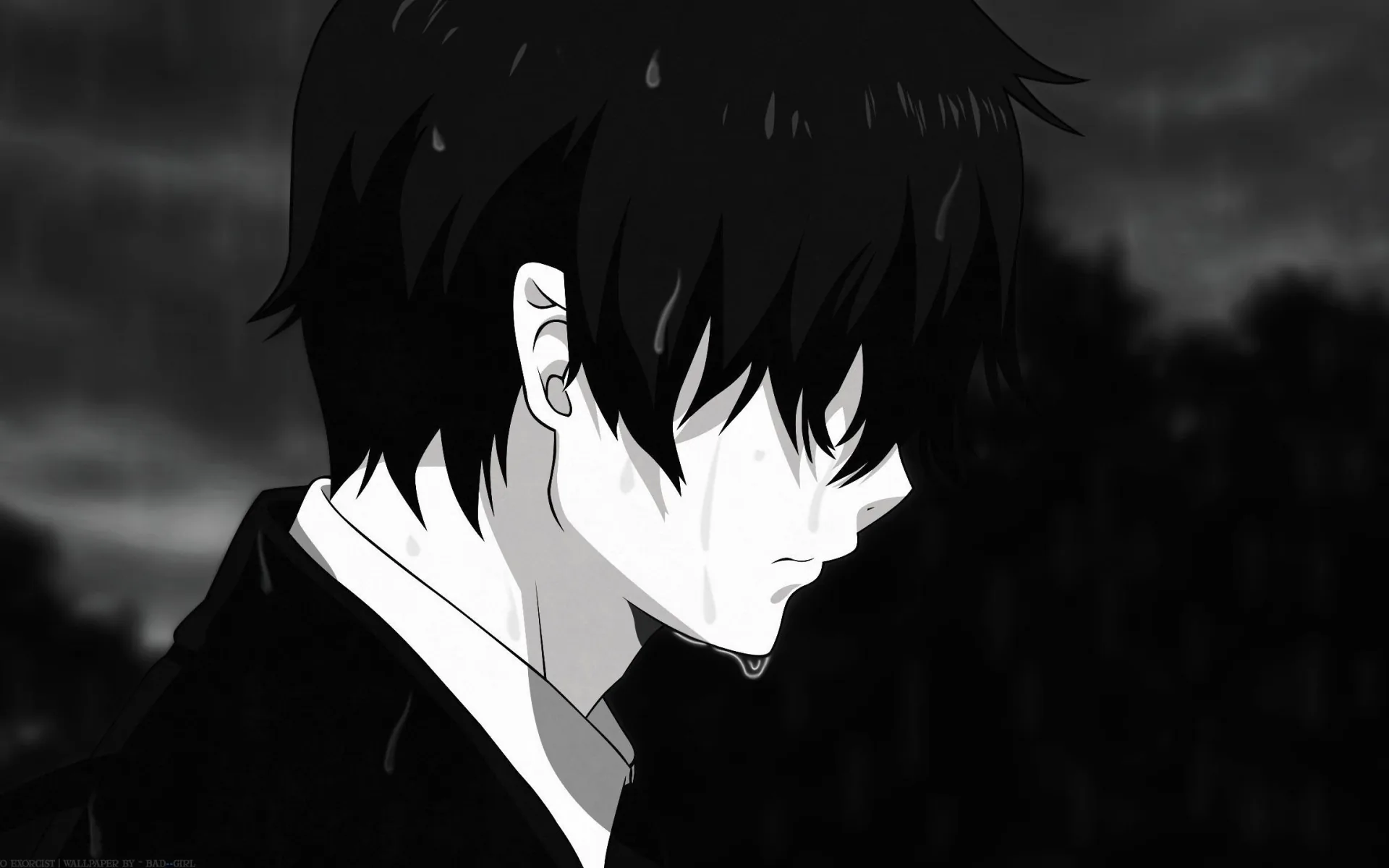 Dark-haired and looking down, drawn in soft greyscale with a blurred sky behind and a tear on his cheek.