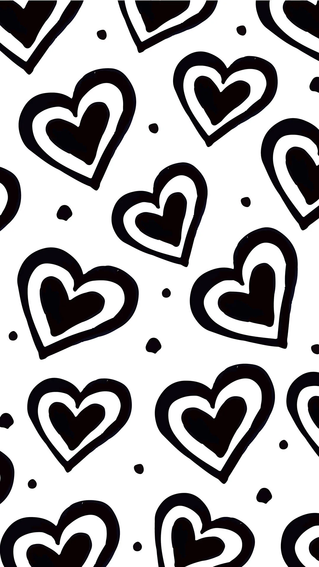 Bold black ink hearts with double outlines repeat over a white ground, small dots scattered between them in a crisp high-contrast doodle.