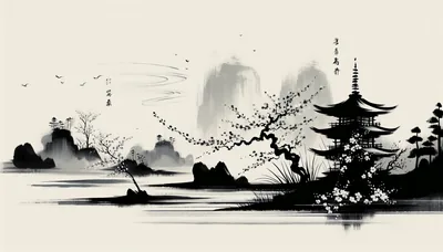 Ink Wash Pagoda by a Misty Lake HD Wallpaper