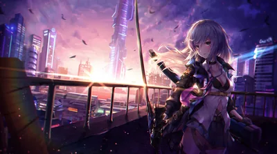 Silver-Haired Archer at City Sunset HD Wallpaper