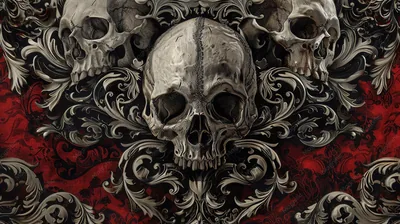 Three Skulls in Silver Scrollwork HD Wallpaper