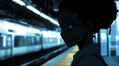 Anime Character on a Night Train Platform HD Wallpaper