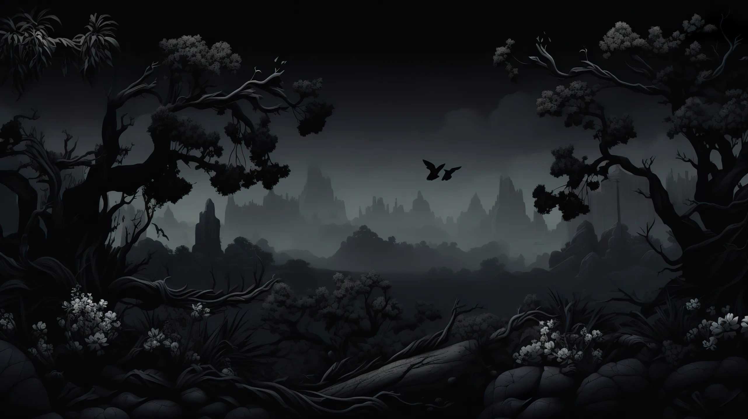 An illustrated forest in greys and black, gnarled branches framing a distant misty ruin with birds overhead.
