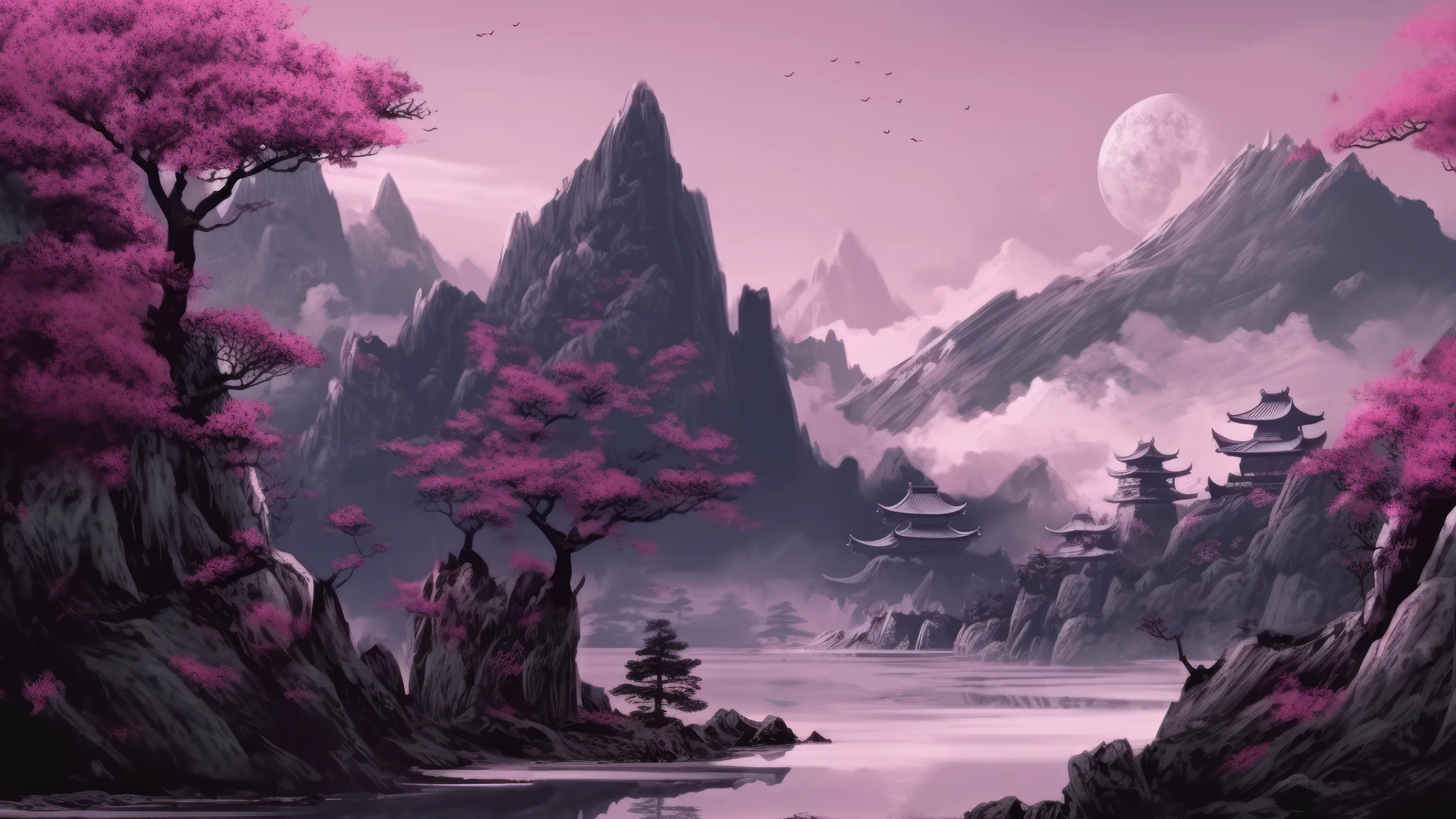Jagged black peaks rise through mist between pink blossom trees and cliff-top temples, a pale moon in the upper right and the fog pooling low.