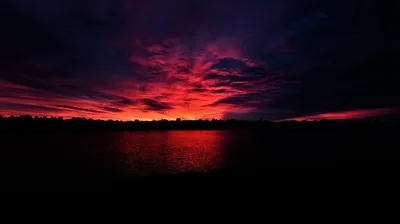 Red Sunset Over a Dark Lake HD Wallpaper