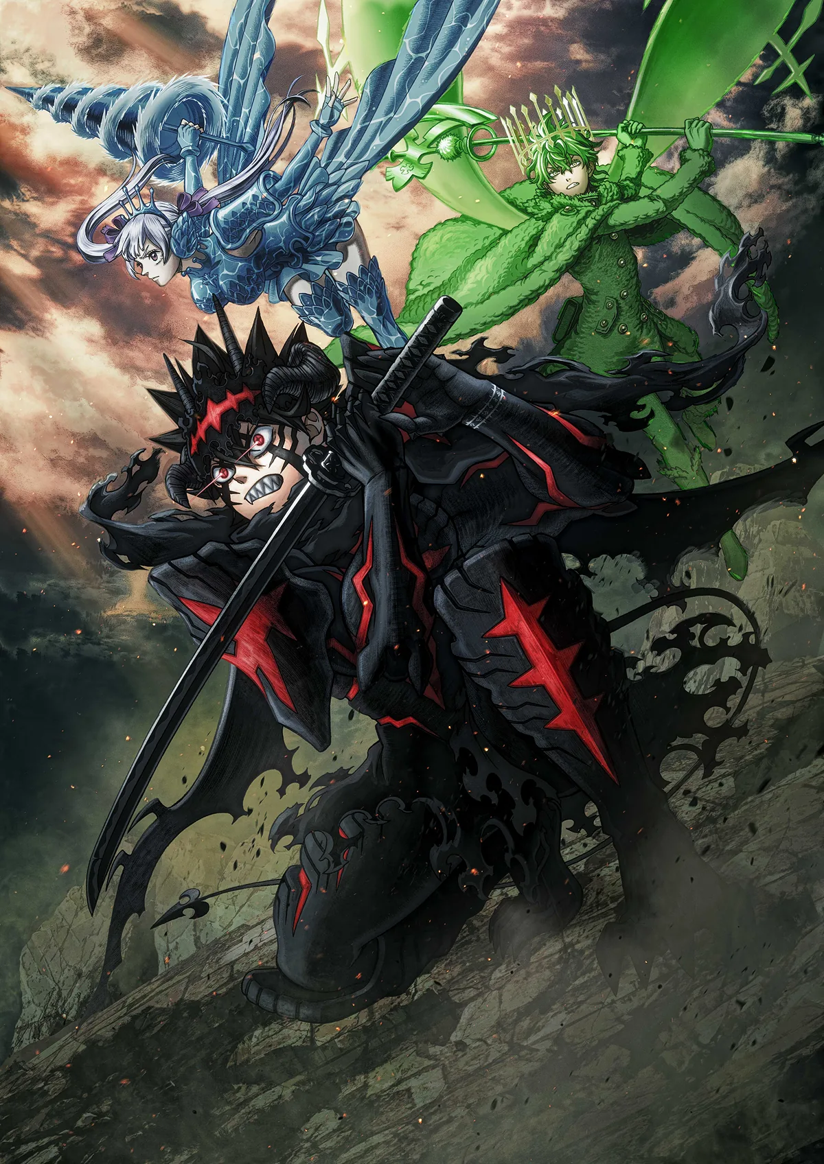A knight in jagged black armour crouches with two katanas while serpentine blue and green spirits coil through the storm clouds above, the ground fading to dark rubble.