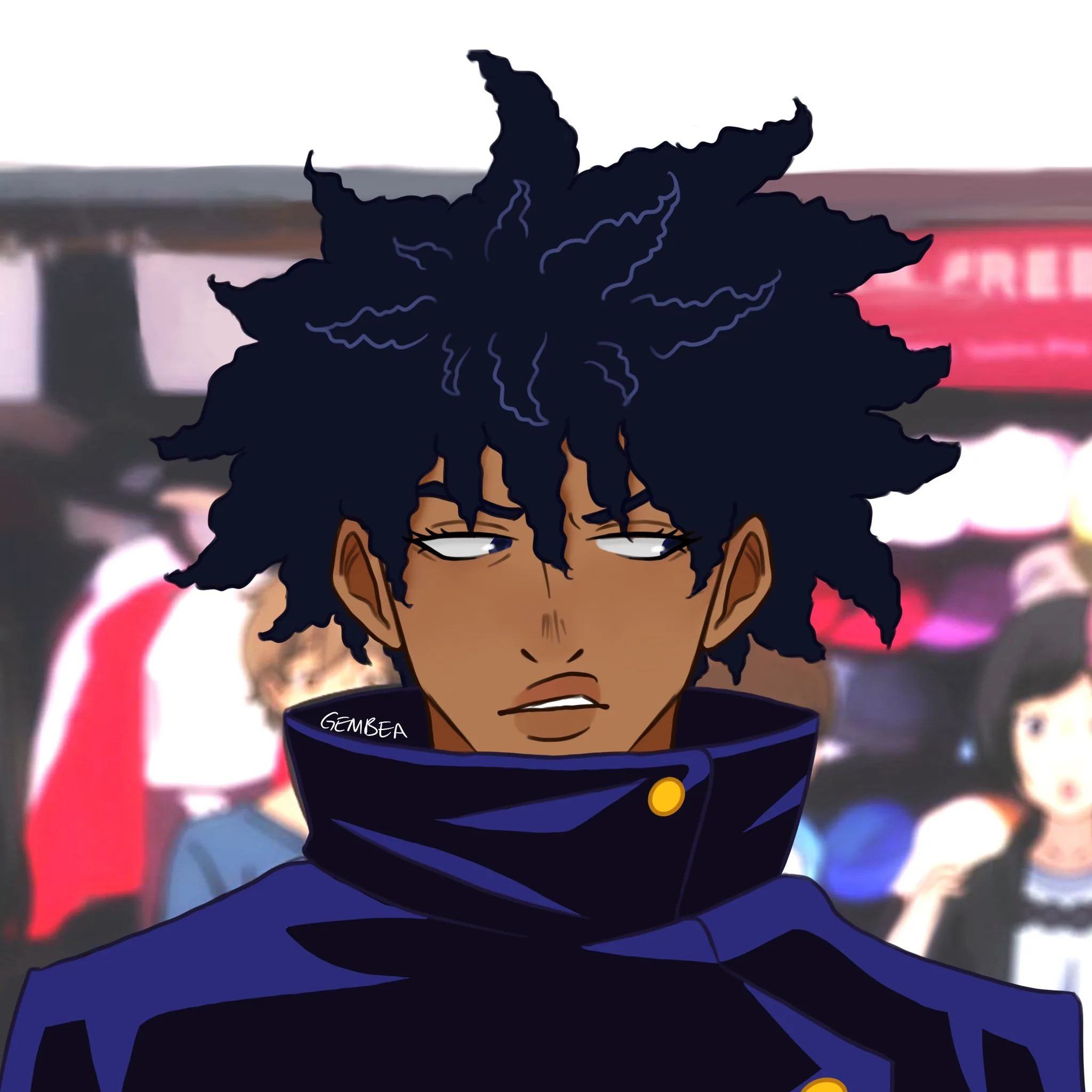 Loose blue-black curls and a high purple collar, the street behind him blurred out so nothing competes with the flat white stare.
