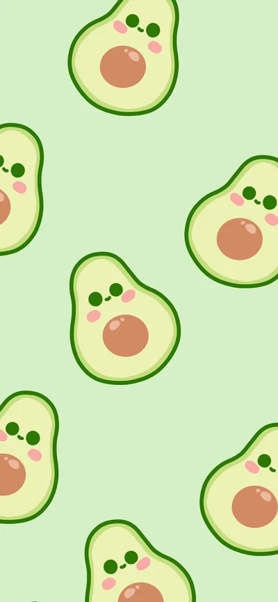 Halved avocados with blushing faces tilt in loose rows down a pale green ground, with enough bare green between them to keep app labels legible.