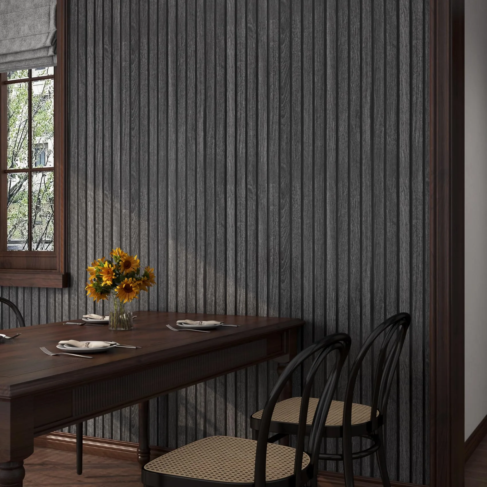FunStick Black Wood Slats Peel and Stick Wallpaper Removable Wood Contact Pape