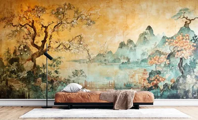 Vintage Asian Mural Wallpaper Hand painted Chinoiserie Wall Art