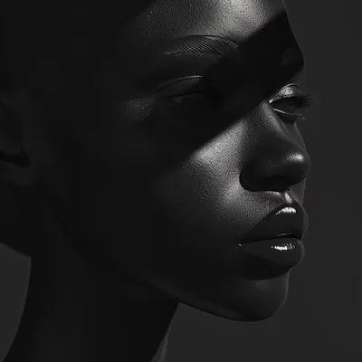 A black model with a black face and a black background