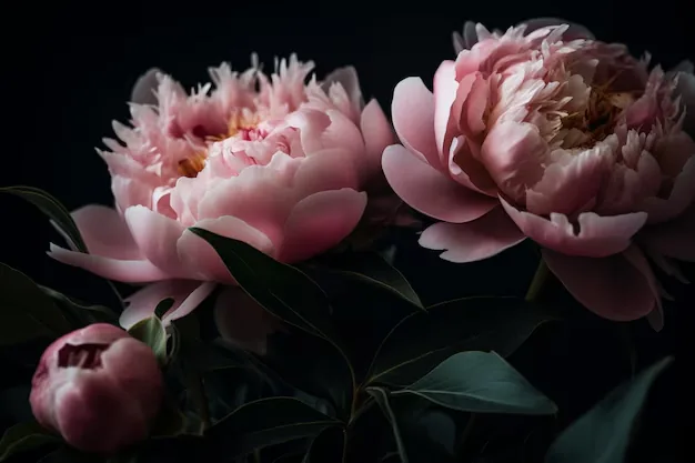 Two heavy peony heads and a closed bud sit low in the frame, deep green foliage tucked beneath them against a black wall.