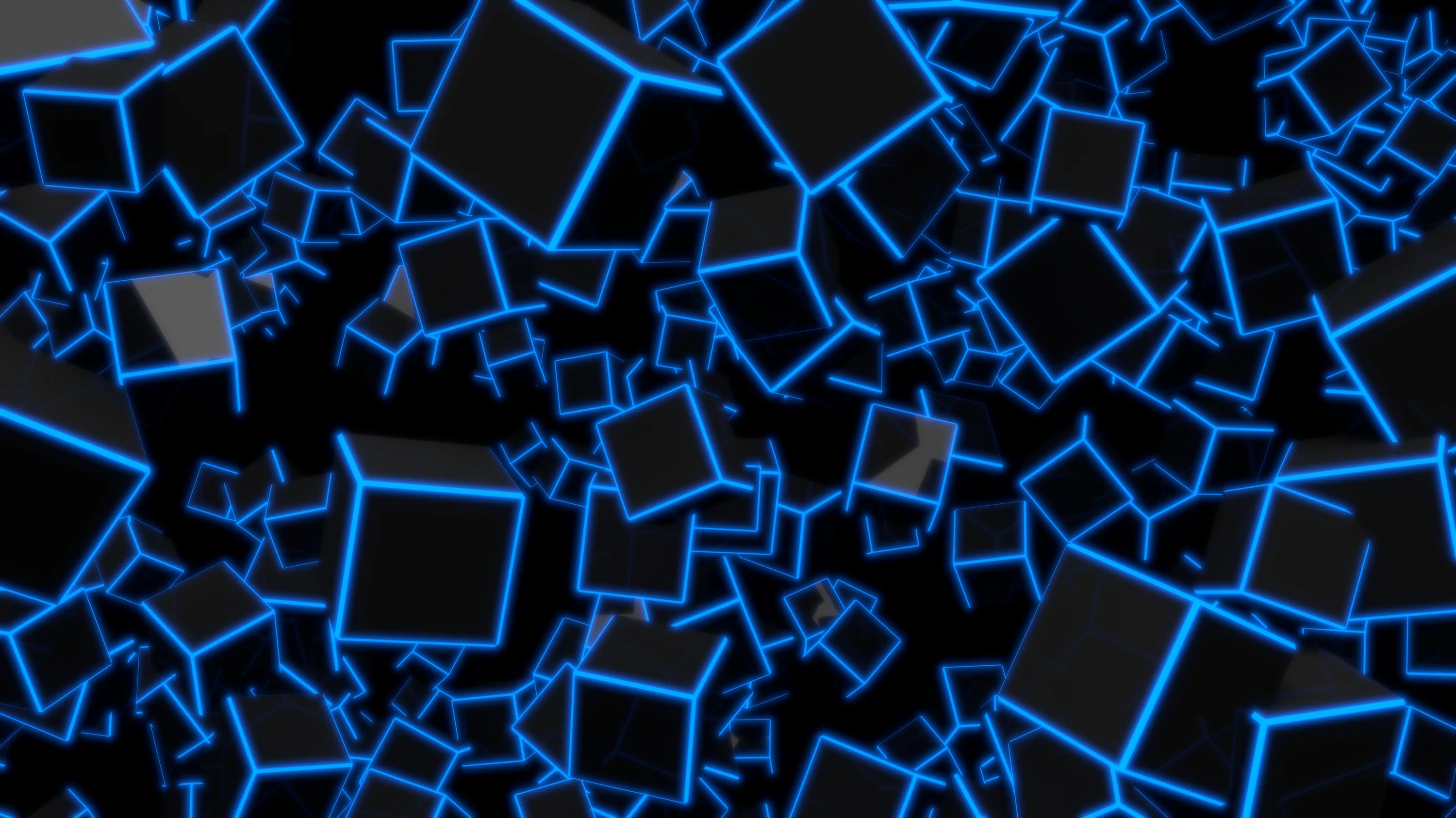 Dozens of black cubes tumble at random angles, each edge traced in glowing blue, the pattern even enough that icons read anywhere on screen.