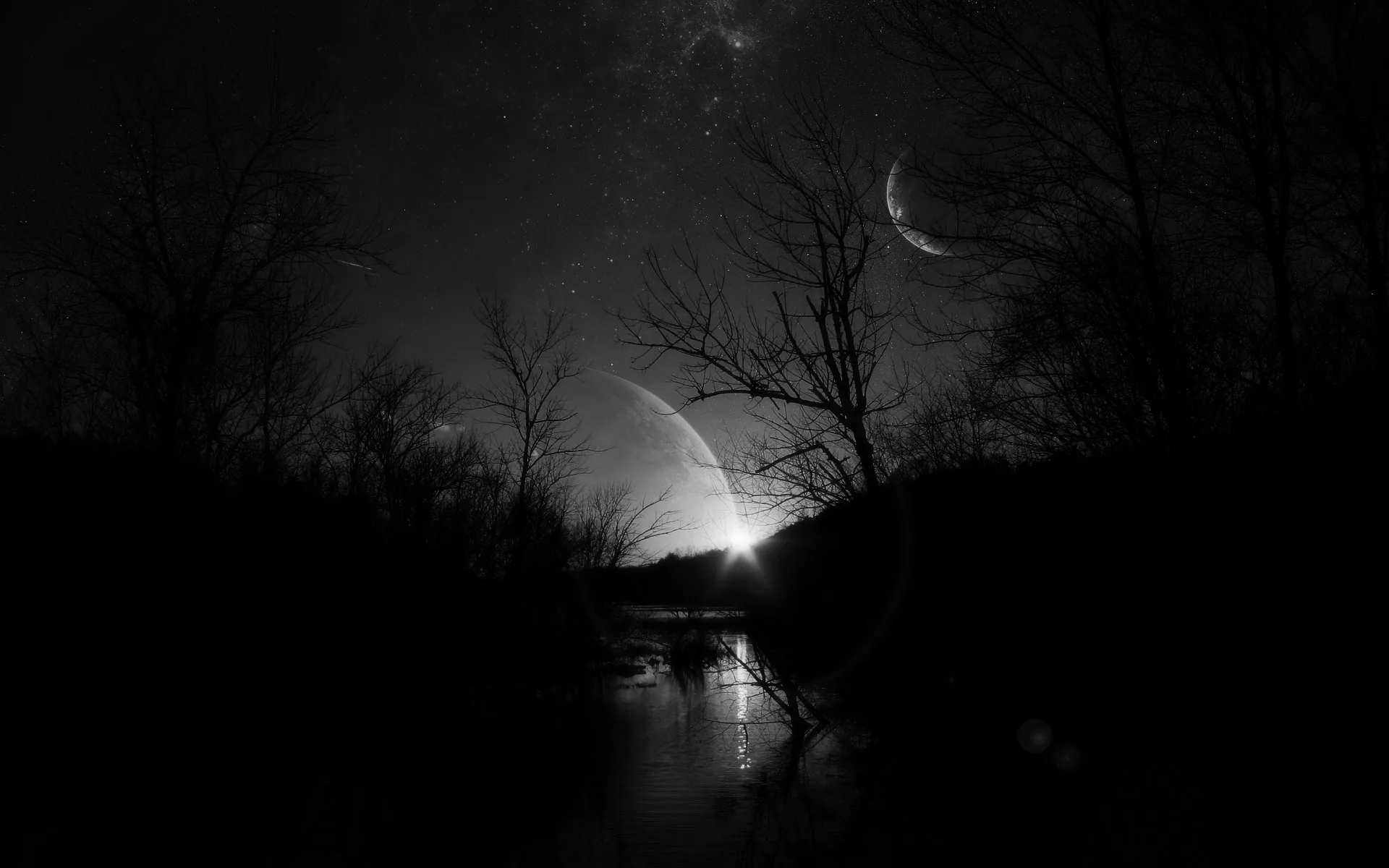 Bare branches close in on a still river while a crescent and a hazy planet hang low, the whole scene held in near-black monochrome.