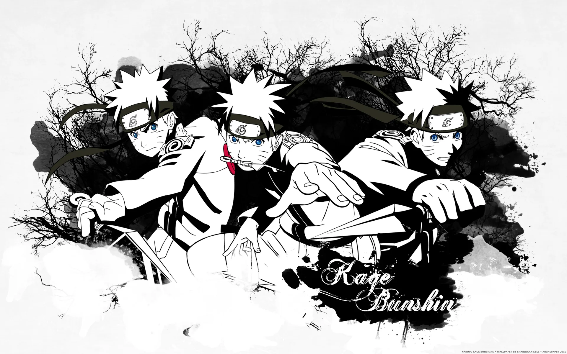 Three identical ninja charge forward in splattered black ink over white, the Kage Bunshin lettering scrawled in the bottom right corner.
