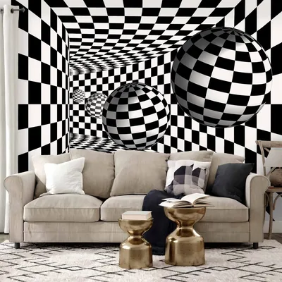 Photo Wallpaper Black and White Corridor Abstraction with Spheres and Optical Perspec