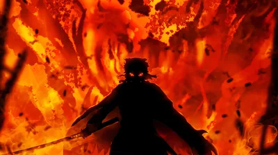 Swordsman Silhouetted Against a Wall of Fire HD Wallpaper