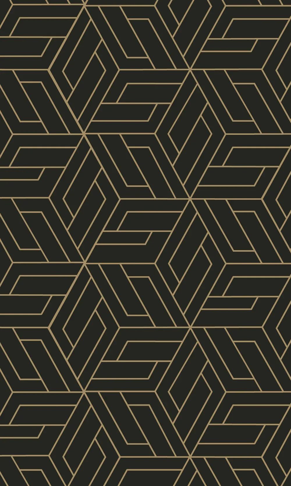 Thin gold lines trace interlocking hexagons and cubes across a deep black ground, the repeat tight enough to read as an art deco print.
