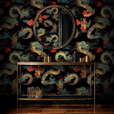 Dark Dragon Peel and Stick Wallpaper, Fantasy Chinese Warrior Wall