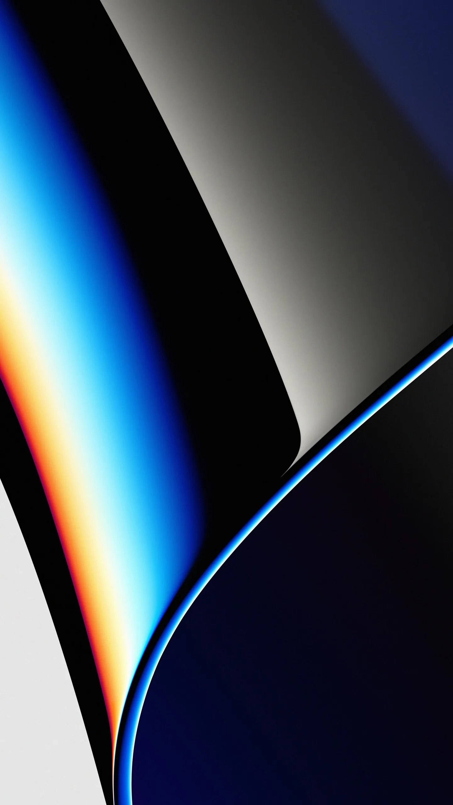 A glossy dark sheet curves through the frame, its edge splitting into a thin band of orange, blue and white like light through a prism.