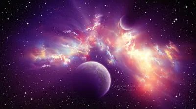 Pink Nebula Burst Between Two Moons HD Wallpaper