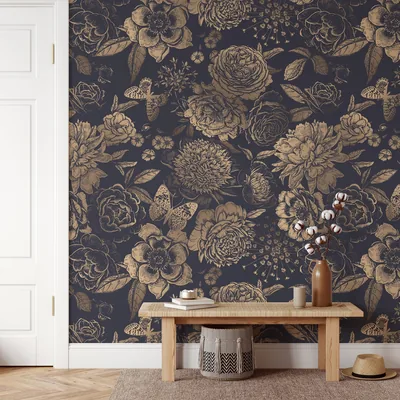 Vintage Style Large Flowers With Butterflies On A Dark Background Wallpaper, Luxurious