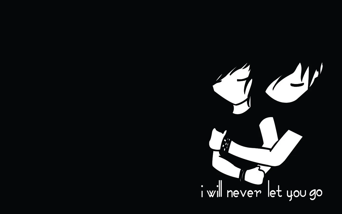 A stark white cartoon couple embrace at the right of a black frame, the line i will never let you go set small in the corner.