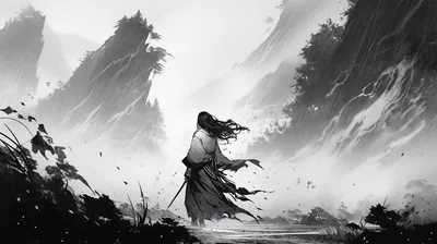 Ink Wash Samurai in Mountain Mist HD Wallpaper
