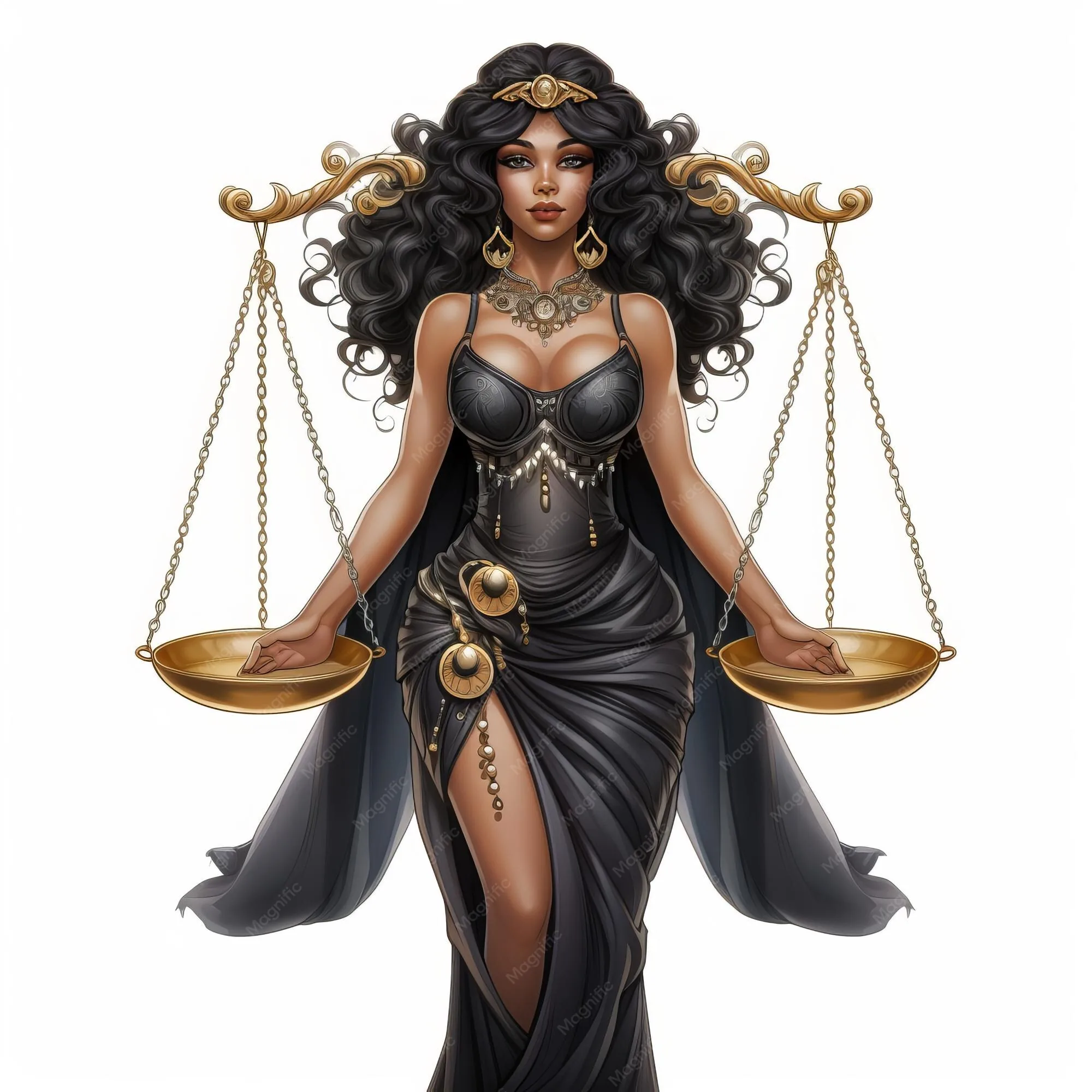 A painted figure in a flowing black gown holds a tall pair of brass scales wide, isolated on white with empty space along both edges.