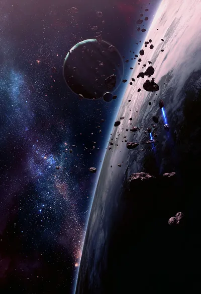 Asteroids over a Shadowed Planet HD Phone Wallpaper