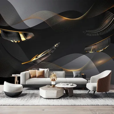 Abstract Black Gold Feather 3D Wallpaper Mural, Modern Gold Line Plant Leaves Photo Mur