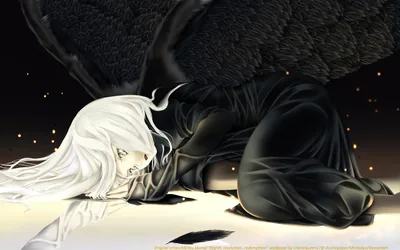 White Haired Angel with Black Wings HD Wallpaper