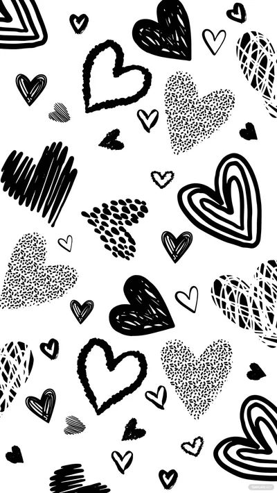 Doodle Heart Pattern in Black and White HD Phone Wallpaper