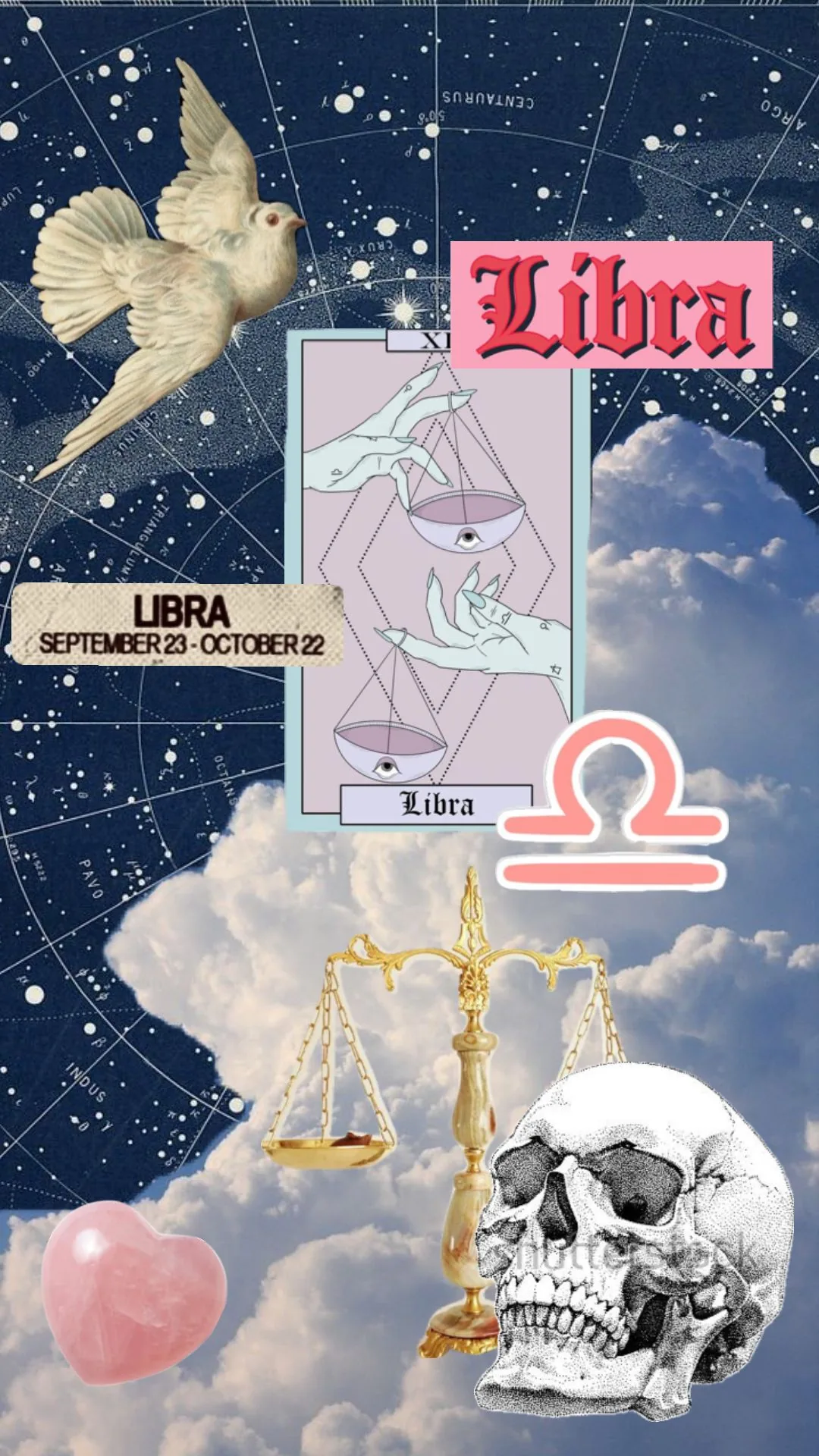 Stickers of a white dove, a tarot balance card, brass scales and a bare skull layer over a navy constellation chart that fades into clouds below.
