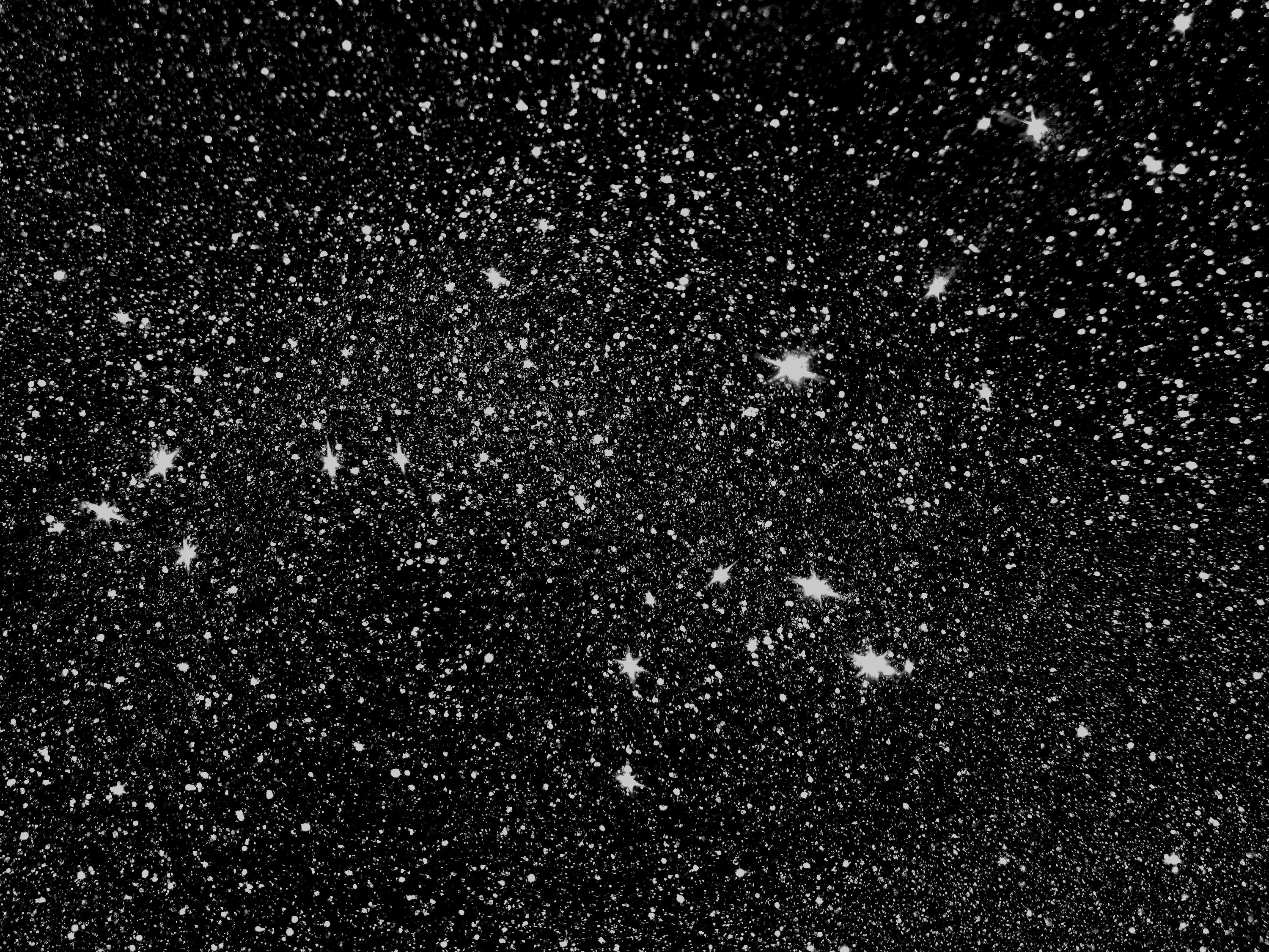 Thousands of white grains scattered like a night sky, several flaring into multi-point stars through the middle, the corners thinning toward plain black.