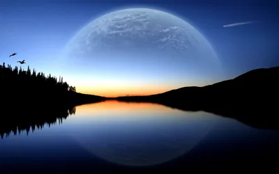 Huge Moon over a Twilight Lake HD Wallpaper