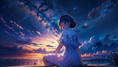 Seaside Sunset with a Girl in White HD Wallpaper