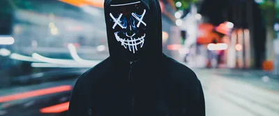 Persons in Mask Wallpaper 4K, Neon Mask, Black Hoodie