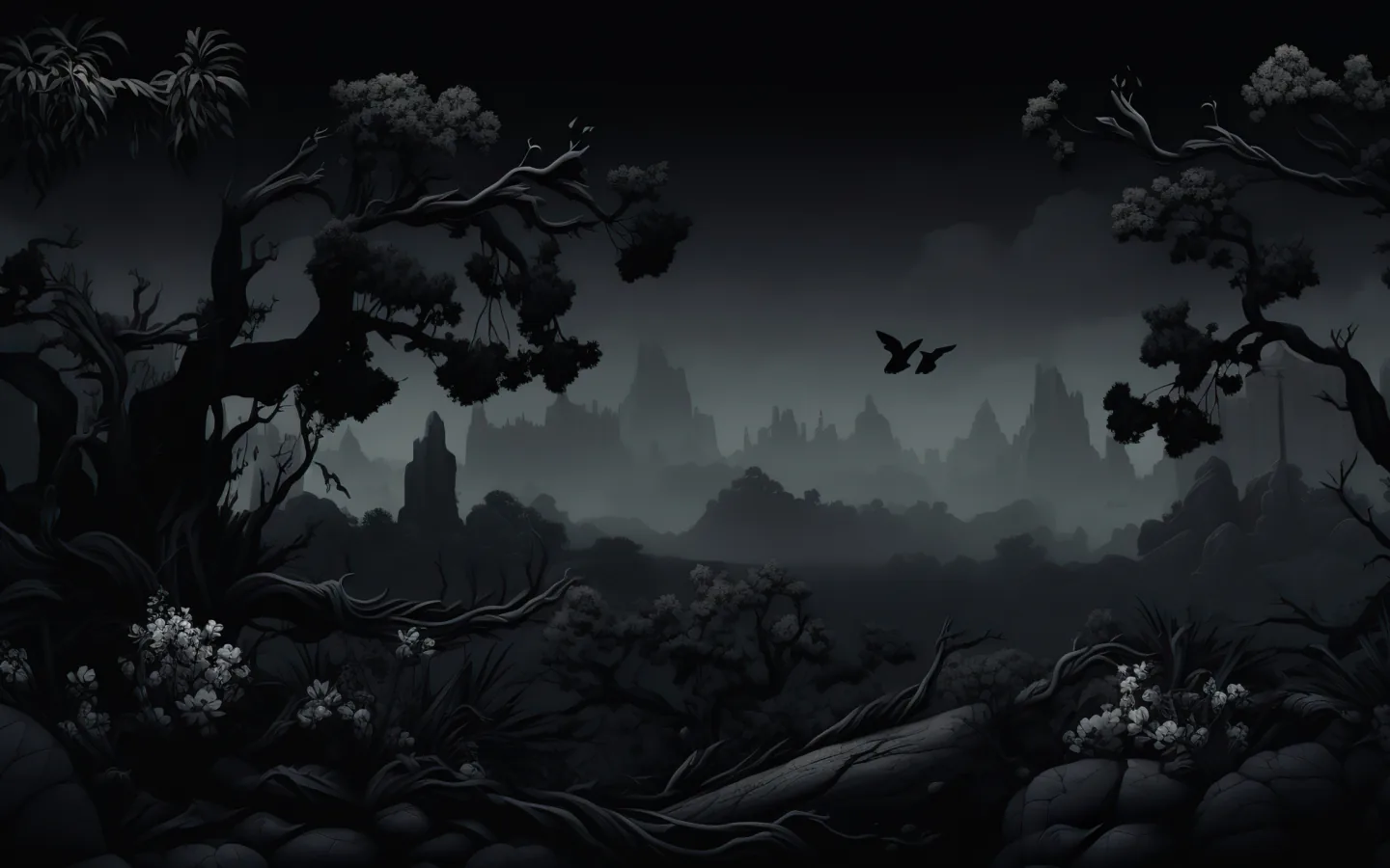 A drawn wetland of twisted branches and pale blossom opens onto fogged spires, two birds crossing the grey middle distance.