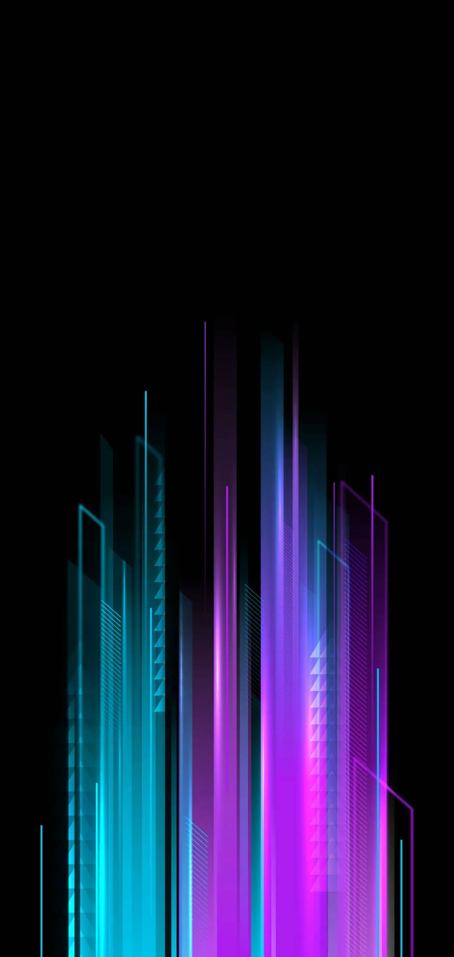 Vertical bars of cyan and magenta light rise like a skyline from the lower half of a black phone screen, the top third left empty.