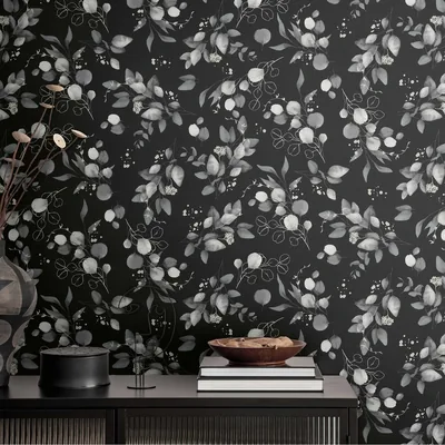 Floral watercolor wallpaper black grey non woven wallpaper with leaves elegant natu