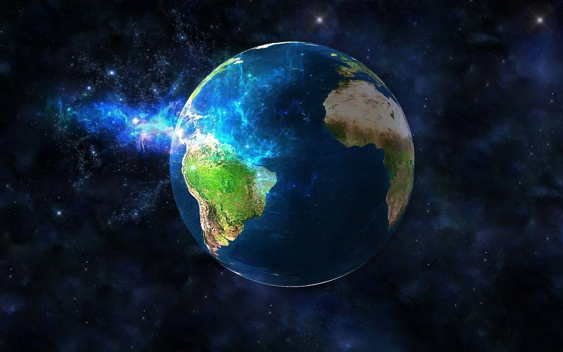 A blue nebula flare erupts behind the left limb while Africa and the Atlantic catch the sun, star-flecked space keeping the corners dark.