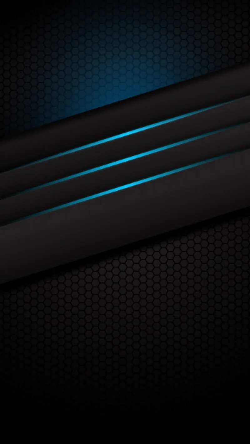 Angled matte panels sit over a black hexagon mesh, thin cyan lines glowing along each seam and one soft flare in the upper left.