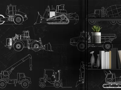 Buy Construction Blueprint Wallpaper Black & White Engineering Vehicle Wall Mural Onli