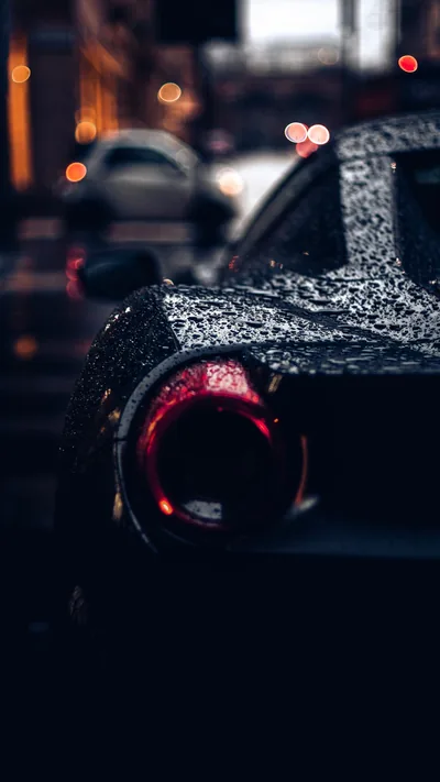 Rain Beads on a Black Ferrari Taillight HD Phone Wallpaper